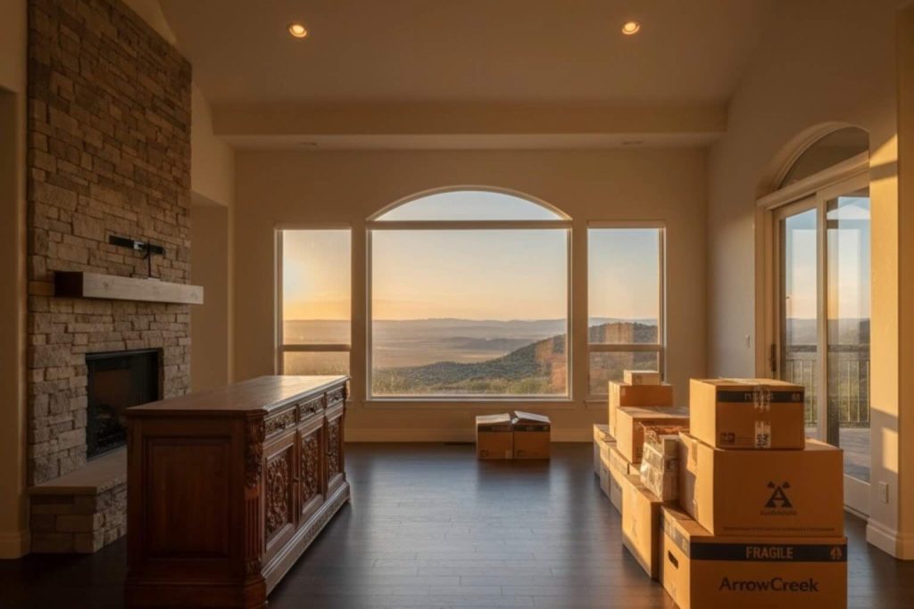 Spacious living room in an ArrowCreek home after an estate cleanout, with remaining boxes staged neatly and mountain views through large windows in Reno, Nevada
