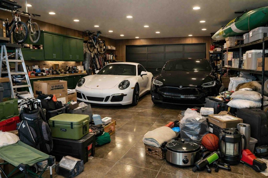 A high-end luxury garage in Somersett, Reno, cluttered with boxes, tools, sports gear, and household items surrounding two luxury cars, highlighting the contrast between upscale finishes and everyday storage.