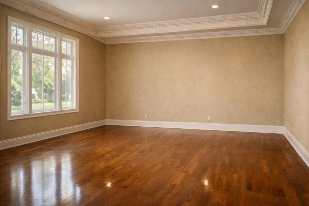 After estate cleanout showing an empty luxury living room in a Rn ArrowCreek, Reno, NV home with hardwood floors, crown molding, and natural light, ready for staging or sale.