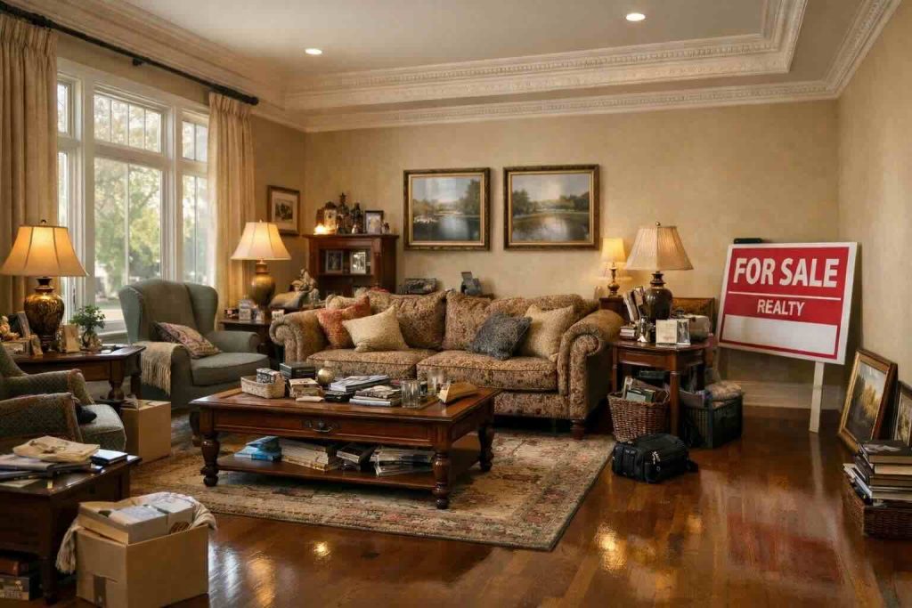 Before estate cleanout showing a cluttered luxury living room in a ArrowCreek, Reno, NV home with furniture, boxes, personal belongings, and a for sale sign inside the room.