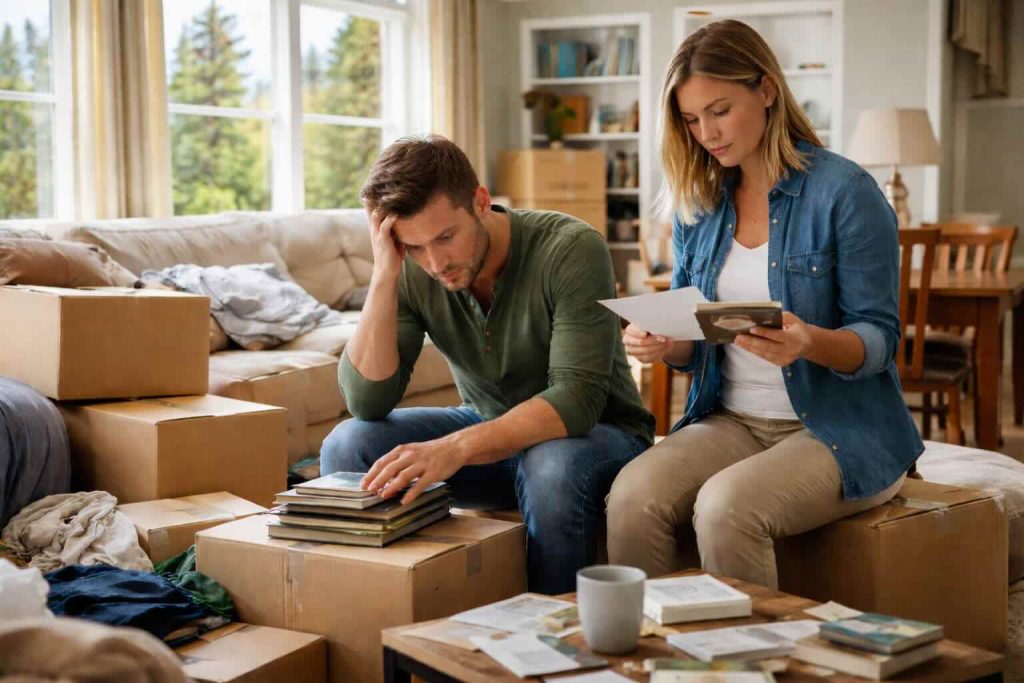 Adult children sorting belongings during an estate cleanout in a mountain home