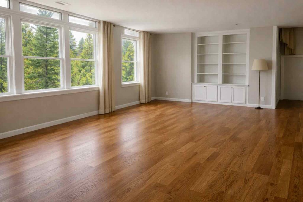 empty living room with wood floors after estate cleanout in a Galena Forest home