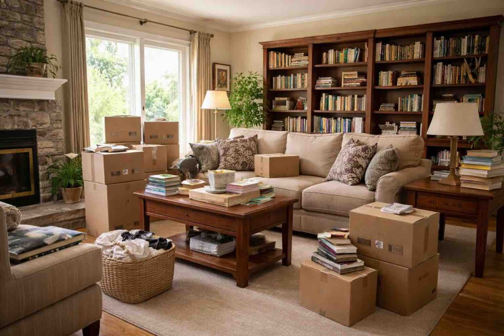 Living room in a Galena Forest NV home with furniture boxes and belongings during an estate cleanout