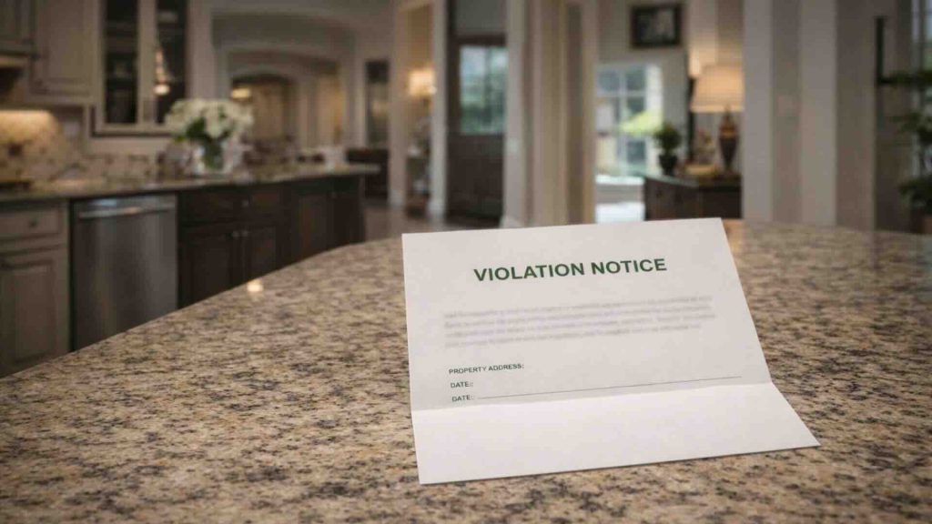 HOA violation notice sitting on a granite kitchen island in a luxury home interior with cabinets, stainless appliances, and natural light in the background