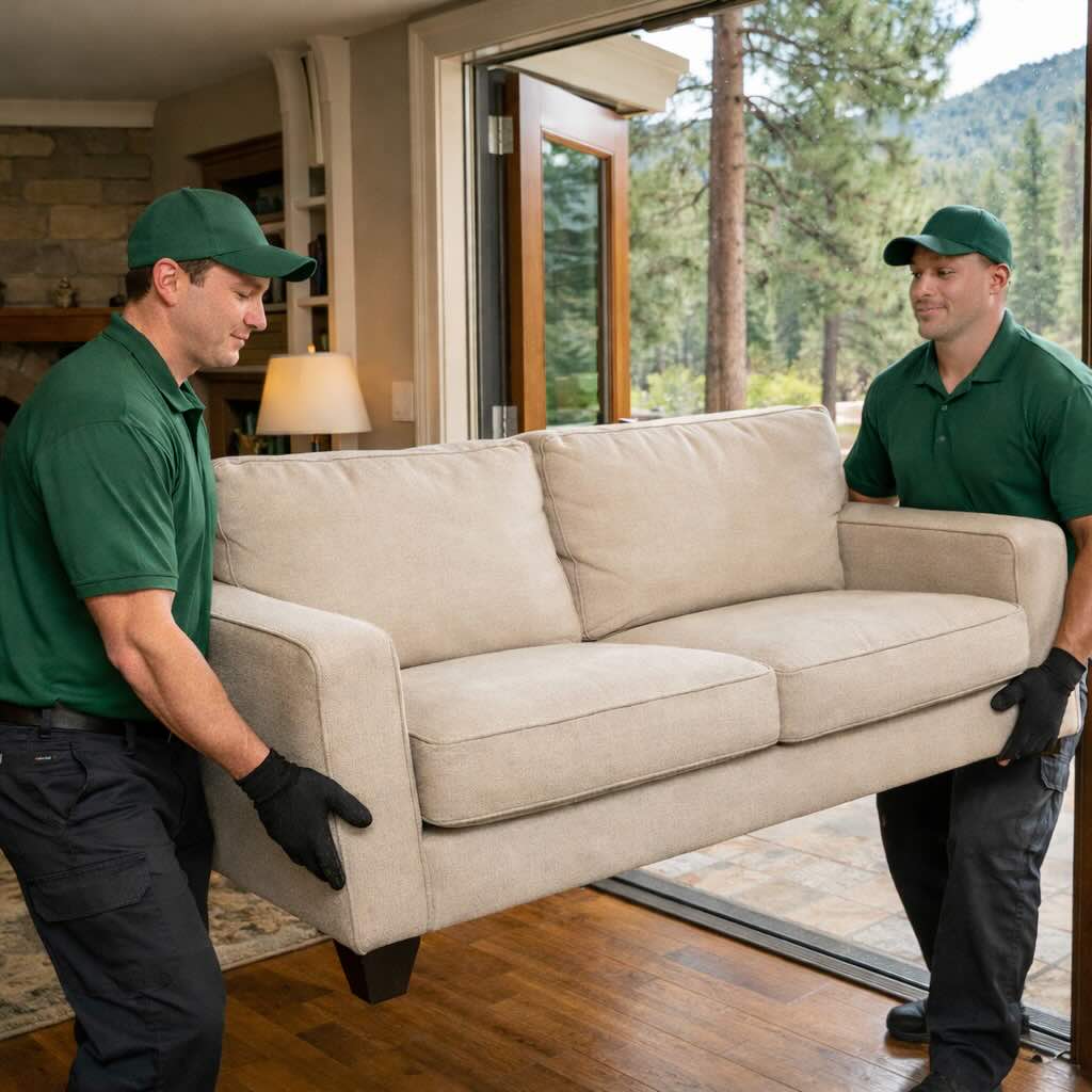Junk removal team carrying a couch from a home during an estate cleanout in Galena Forest NV