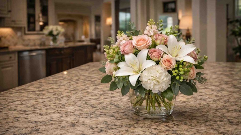 Beautiful mixed flower arrangement in a glass vase on a granite kitchen island inside a bright luxury home kitchen interior