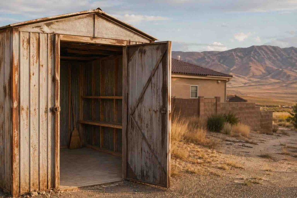 Cleaned and emptied weathered backyard shed with open door, swept floor, broom inside, and cleared brush on a Spanish Springs Nevada lot with stucco home and mountain backdrop.