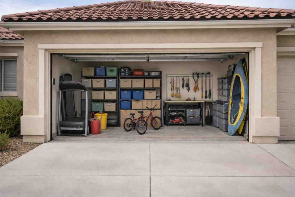 Clean organized garage at a Spanish Springs stucco home with storage shelves, bins, bikes, tools, and open driveway.