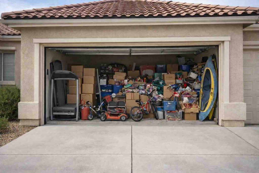 Open garage at a Spanish Springs stucco home filled with boxes, bikes, storage bins, treadmill, and household clutter ready for cleanout.