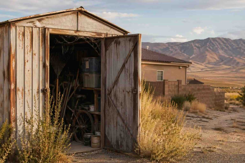 Weathered backyard storage shed with open door showing clutter, rusted bike, bins, and yard tools on a Spanish Springs Nevada lot with stucco home and mountains in the background.
