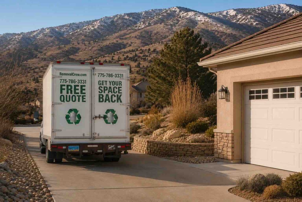 RemovalCrew truck departing a Reno home's driveway after completing a residential junk removal and cleanout