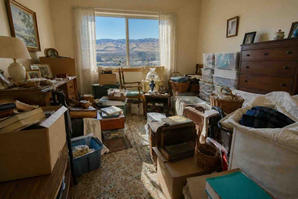 Cluttered spare bedroom in an older Reno Nevada home filled with a deceased parent’s belongings, boxes, vintage furniture, and keepsakes during an estate cleanout or downsizing process.