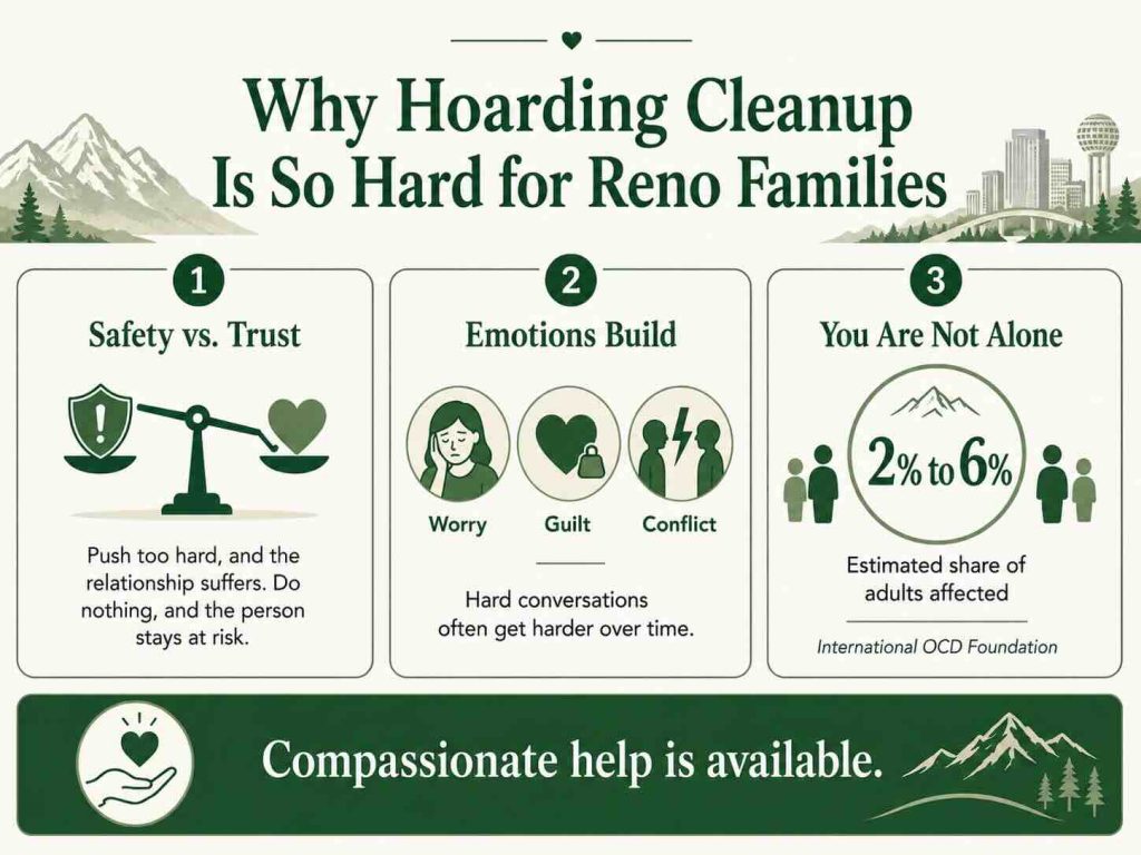 Infographic explaining why hoarding cleanup is hard for Reno families, including safety concerns, emotional stress, and how common hoarding can be.