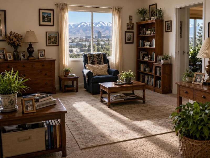 Clean and organized Reno living room after a compassionate hoarding cleanup with mountain views through the window.