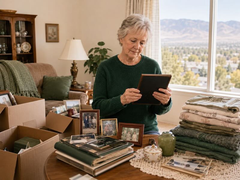 Reno senior sorting family photos and keepsakes before a downsizing cleanout.