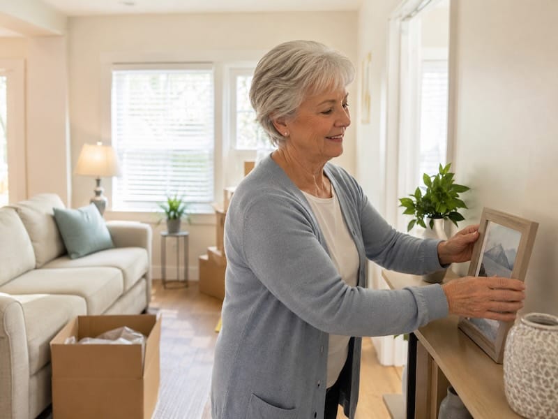 Senior woman arranging a framed photo in a bright, simple living room with moving boxes nearby.