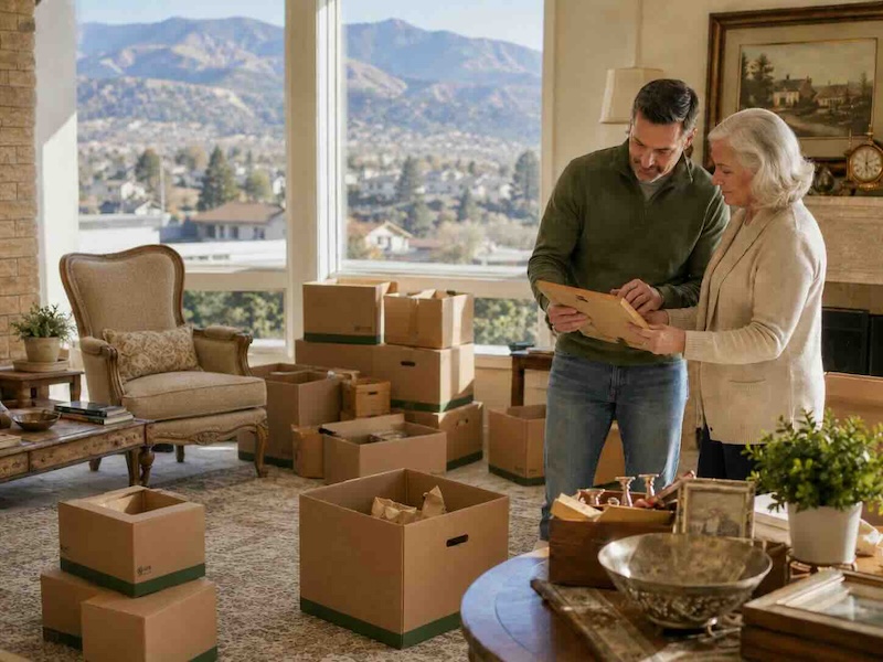 Family reviewing framed memories in a Reno home during an organized estate cleanout with packed boxes